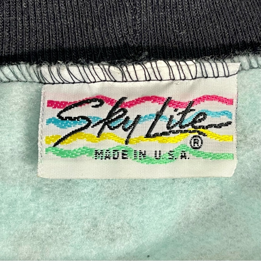 1980’s Sky Lite Aqua Leopard Print Mock Neck Long Sleeve Belted Top SzL/XL - Picture 2 of 8